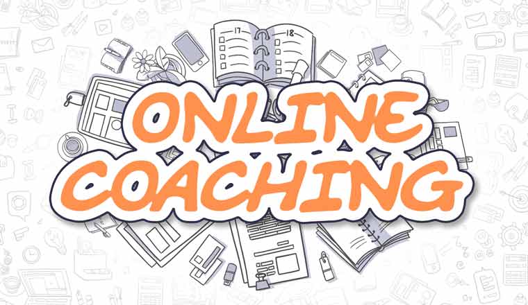 A picture of the words online coaching and doodles