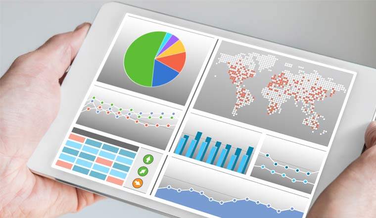 A picture of a mobile device with an analytics dashboard