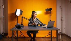 A photo of someone setting up for a webinar presentation