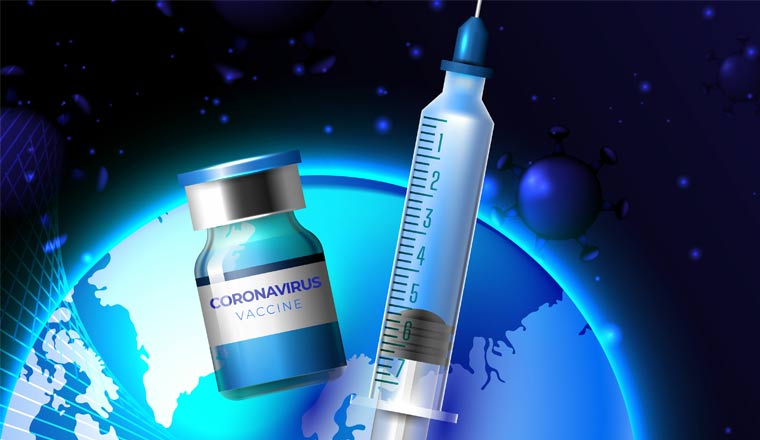 A picture of coronavirus vaccine syringe and globe