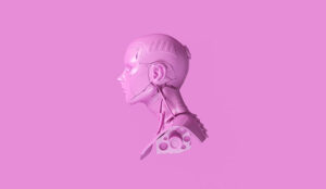 A picture of a pink cyborg bust