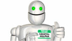 A picture of a ai robot wearing a sticker with the words Hello I'm Your Digital Helper