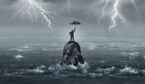 A picture of an agent stood on a rock out at sea in a storm holding an umbrella