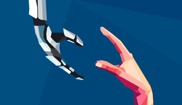 A picture of a human and robot hand coming together