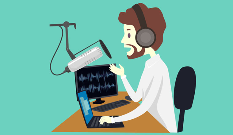 A picture of a podcast presenter
