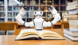 A photo of a robot reading books