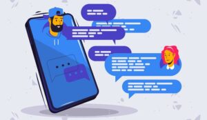 An illustration of a phone with speech bubbles