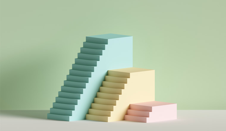 A 3D image of yellow, blue and pink steps