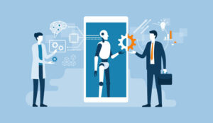 An illustration of AI in a phone talking to a person, whilst another adds settings