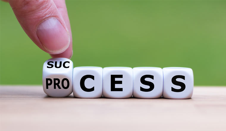 Hand flips a dice and changes the word "process" to "success".