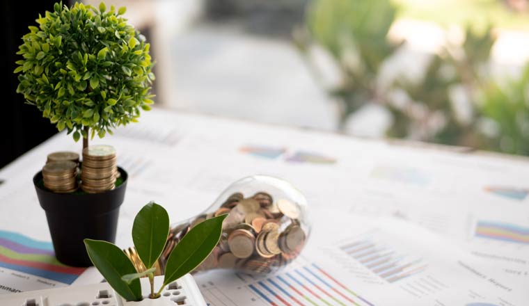 A picture of a light bulb with coin and tree on business graph