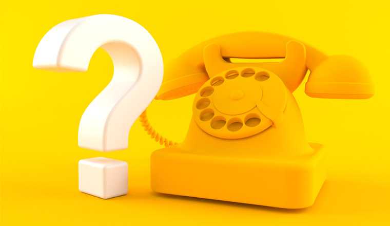 A picture of a phone next to a question mark on a yellow background