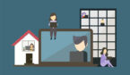 An illustration of a hybrid workplace with employees working from both office and home