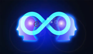 A picture of two neon heads connected by infinity symbol