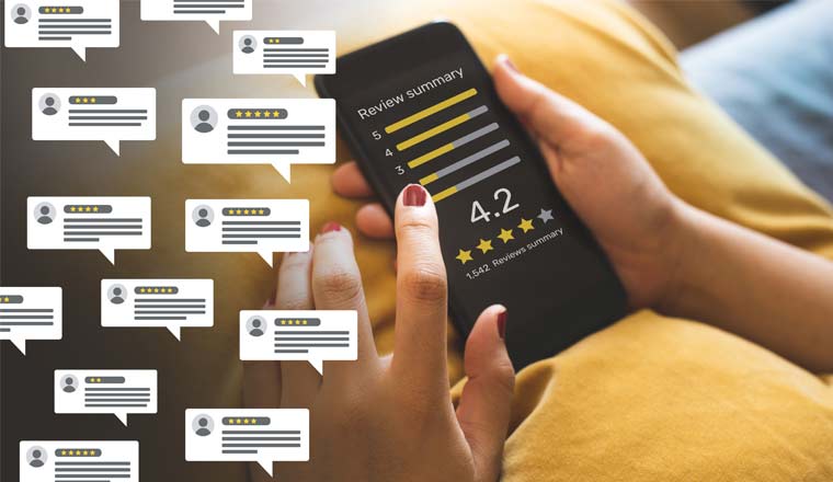 Consumer reviews in speech bubbles next to a smartphone review summary