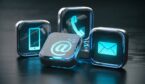 Signs of phone, mobile, letter and e-mail on blue neon blocks