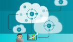 An illustration of a person with a laptop with cloud and icons above