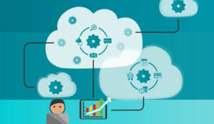 An illustration of a person with a laptop with cloud and icons above