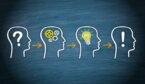 A picture of four heads showing problem, think, idea and solution
