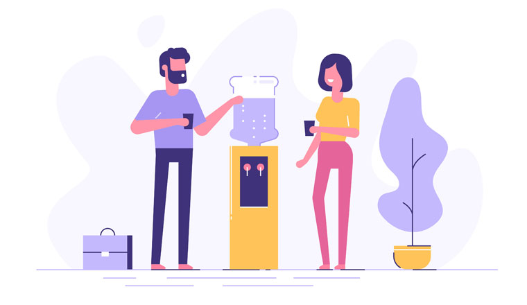 Vector of two people talking to each other near office water cooler.