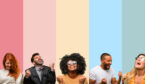 Group of people on coloured backgrounds celebrating