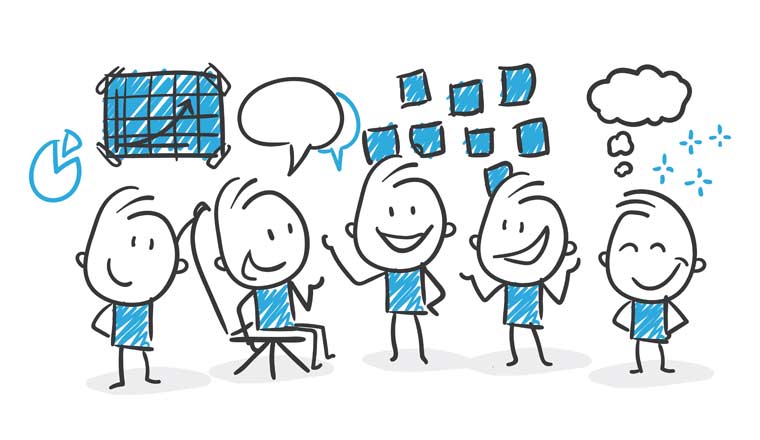 An illustration of five people collaborating