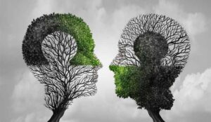 An image of two heads shaped out of trees with puzzle markings in the leaves