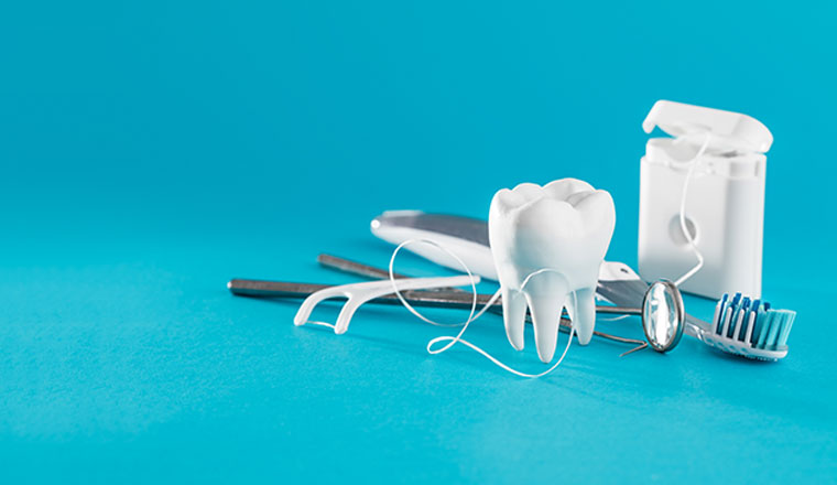 Tooth, health, dentistry objects on blue background