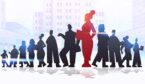 red businesswoman leader silhouette standing in front of businesspeople group