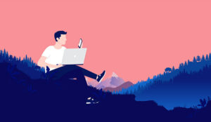 Illustration of person sitting with laptop and smartphone in nature, working remotely.