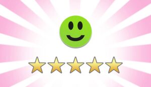 Green smiley face and 5 star feedback review rating