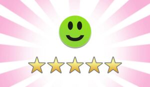 Green smiley face and 5 star feedback review rating