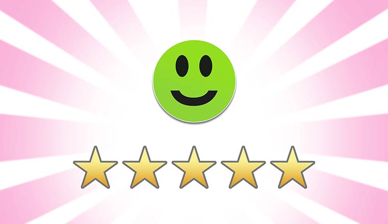 Green smiley face and 5 star feedback review rating