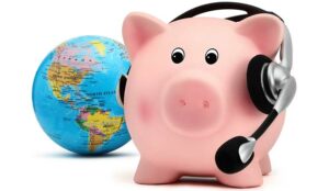 A piggy bank with headset and globe i