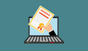 An illustration of a laptop with a hand holding a certificate