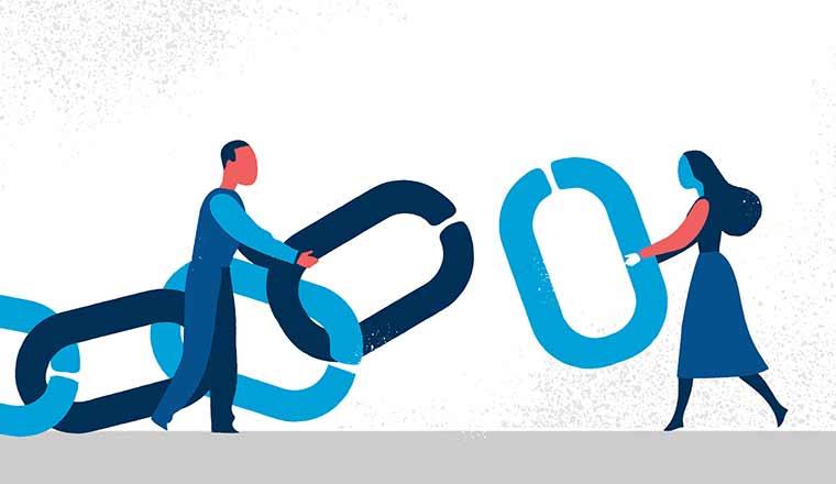 An illustration of two people connecting chain links