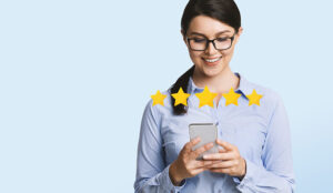 Person on phone giving an experience rating