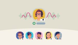 An illustration of people participating in a group event with headshots and the speaker showing audio lines