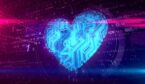 A digital heart on coded background