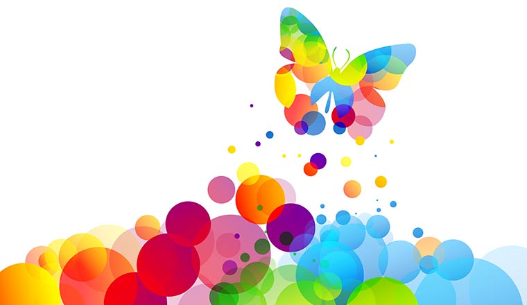 Illustration of a butterfly rising from coloured orbs