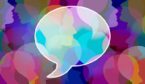 Colourful face silhouettes behind a partially transparent speech bubble
