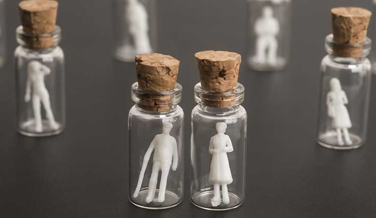 An image of small plastic people in jars