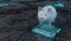Piggy bank on circuit board representing banking and AI