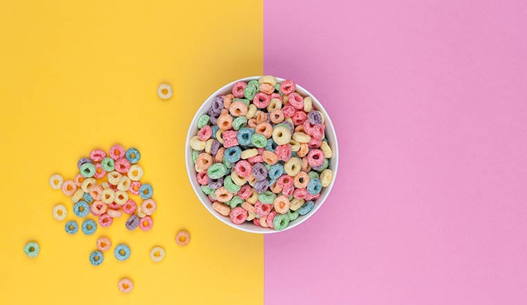 Bowl of colourful loops top view