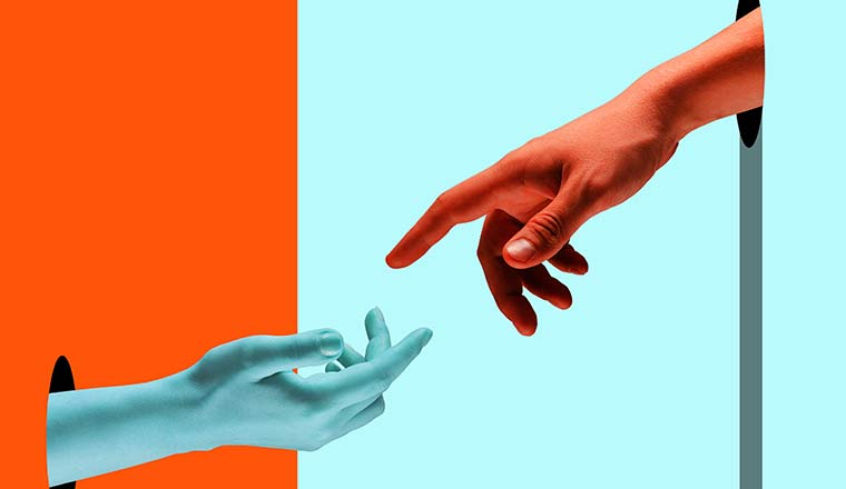 Bright painted hands touching by fingers representing human touch
