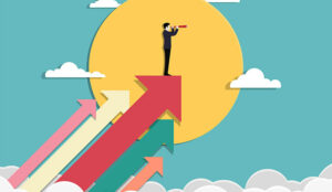 An illustration of a person on arrows, in front of a sun staying on top of business