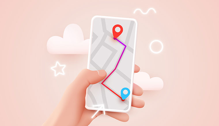 Hand holding phone with map and pointer