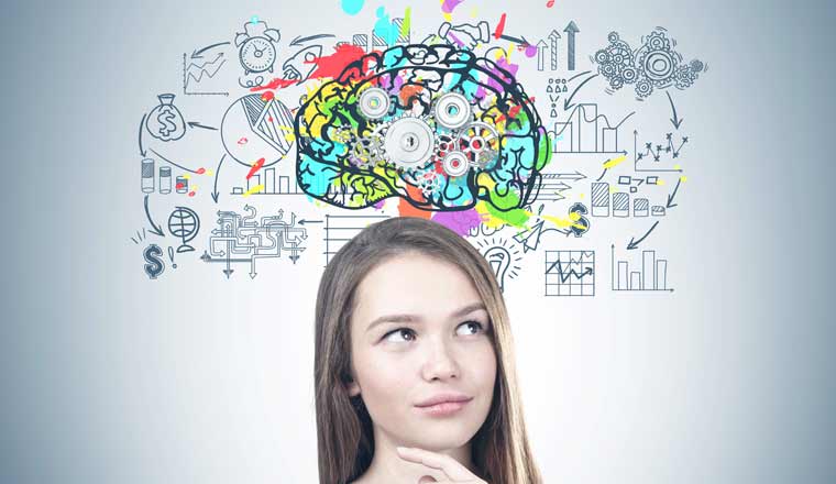 A picture of a person thinking with a colourful brain with cogs and other diagrams above their head