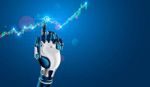 Robot or cyborg hand taps finger on chart of trading data