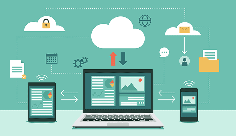 Cloud computing technology network with laptop, tablet, and smartphone